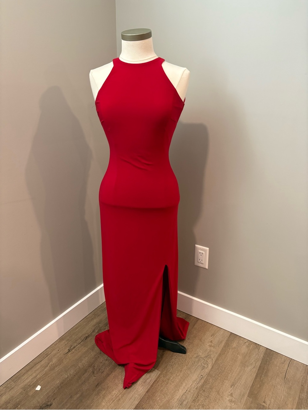 le chateau Bold Red Halter Maxi Dress with Side Slit